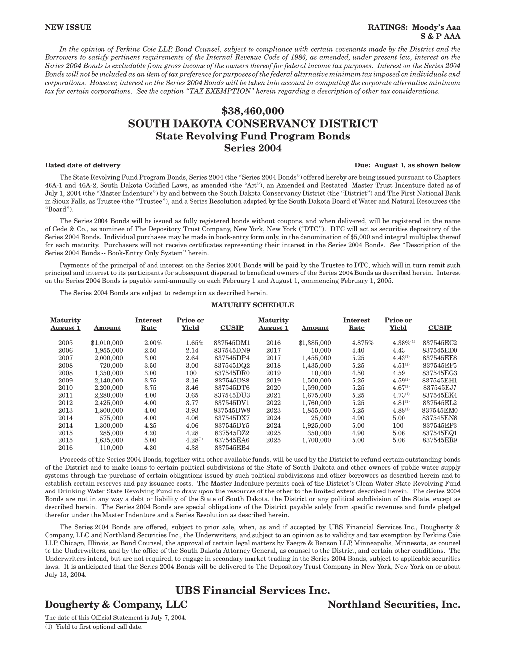 38460000 South Dakota Conservancy District Ubs