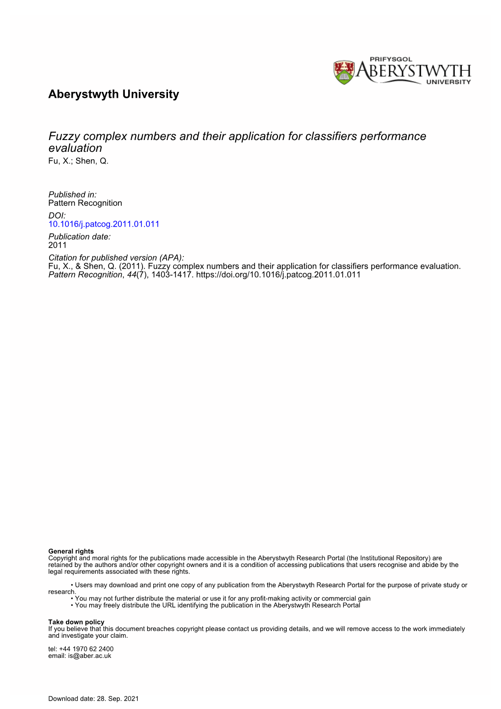 Aberystwyth University Fuzzy Complex Numbers and Their Application For