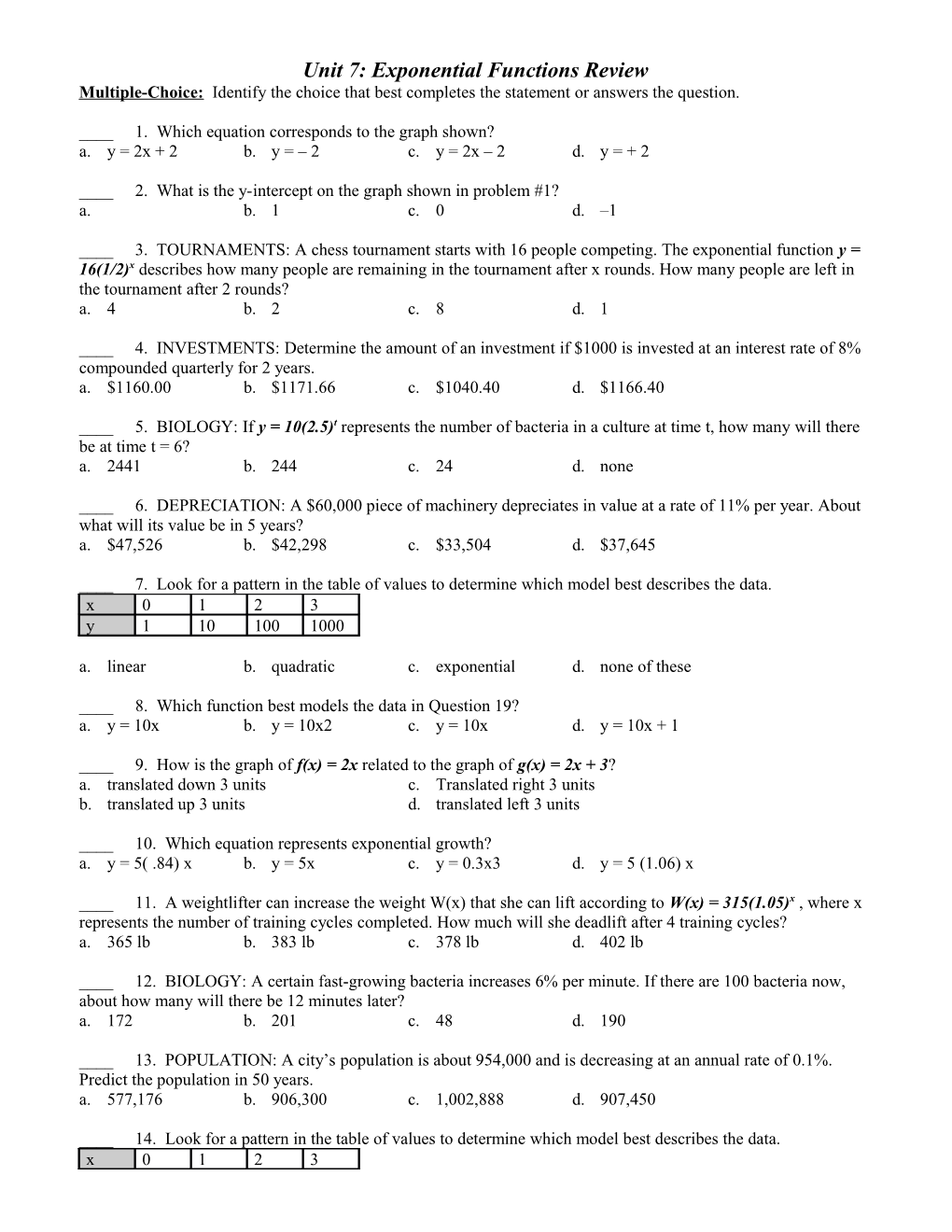 Unit 7: Exponential Functions Review