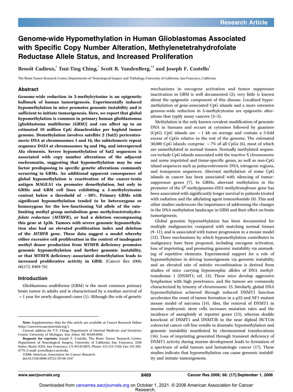 Genome-Wide Hypomethylation in Human Glioblastomas Associated