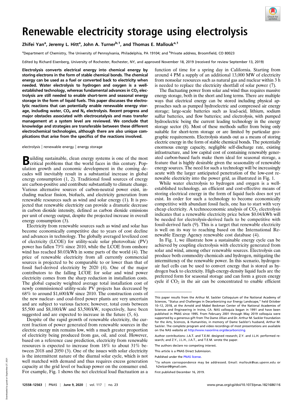 Renewable Electricity Storage Using Electrolysis