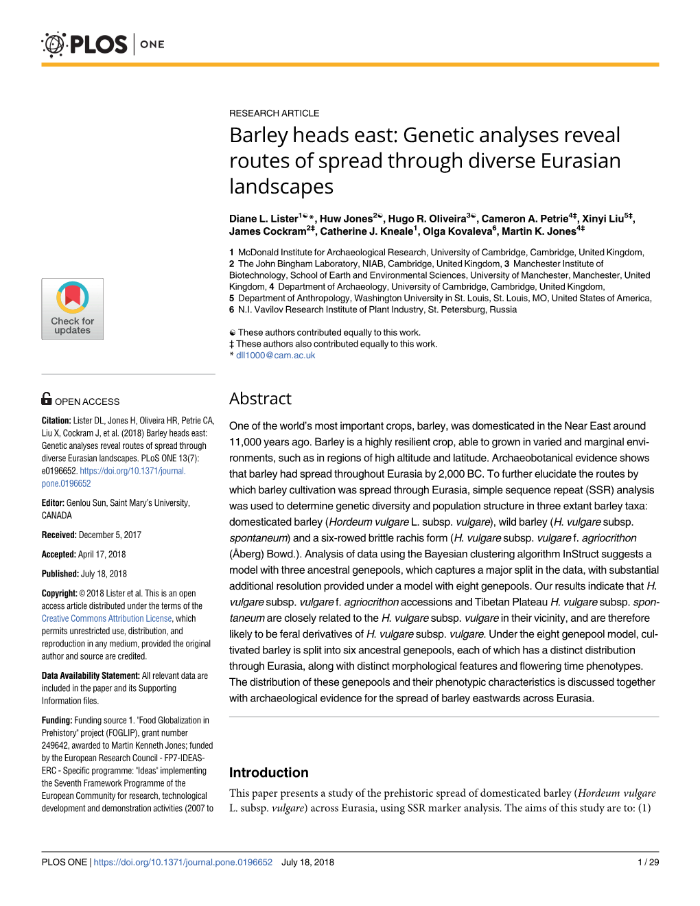 Barley Heads East: Genetic Analyses Reveal Routes of Spread Through Diverse Eurasian Landscapes