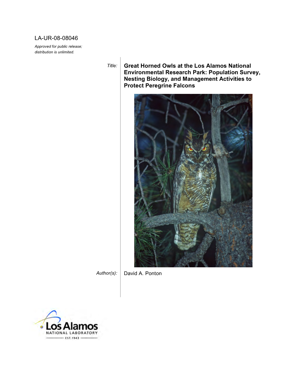 Great Horned Owls at the Los Alamos National Environmental Research Park: Population Survey, Nesting Biology, and Management Activities to Protect Peregrine Falcons