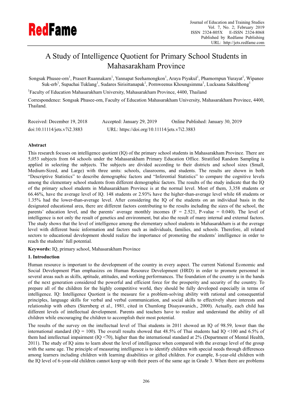 A Study of Intelligence Quotient for Primary School Students in Mahasarakham Province