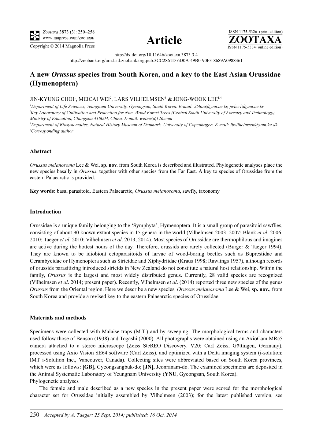 A New Orussus Species from South Korea, and a Key to the East Asian Orussidae (Hymenoptera)