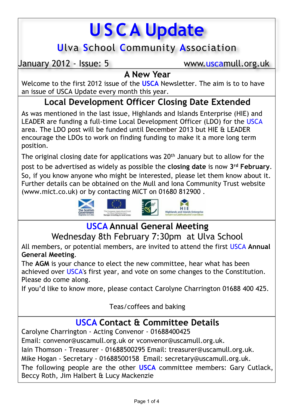 January 2012 - Issue: 5 a New Year Welcome to the First 2012 Issue of the USCA Newsletter