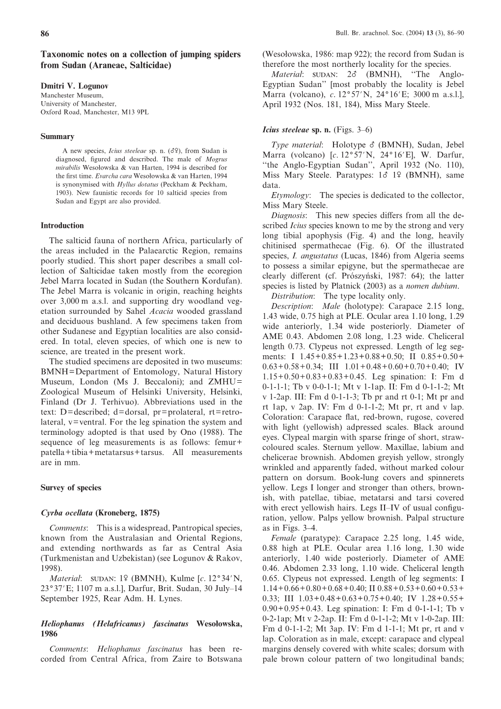 Taxonomic Notes on a Collection of Jumping Spiders from Sudan