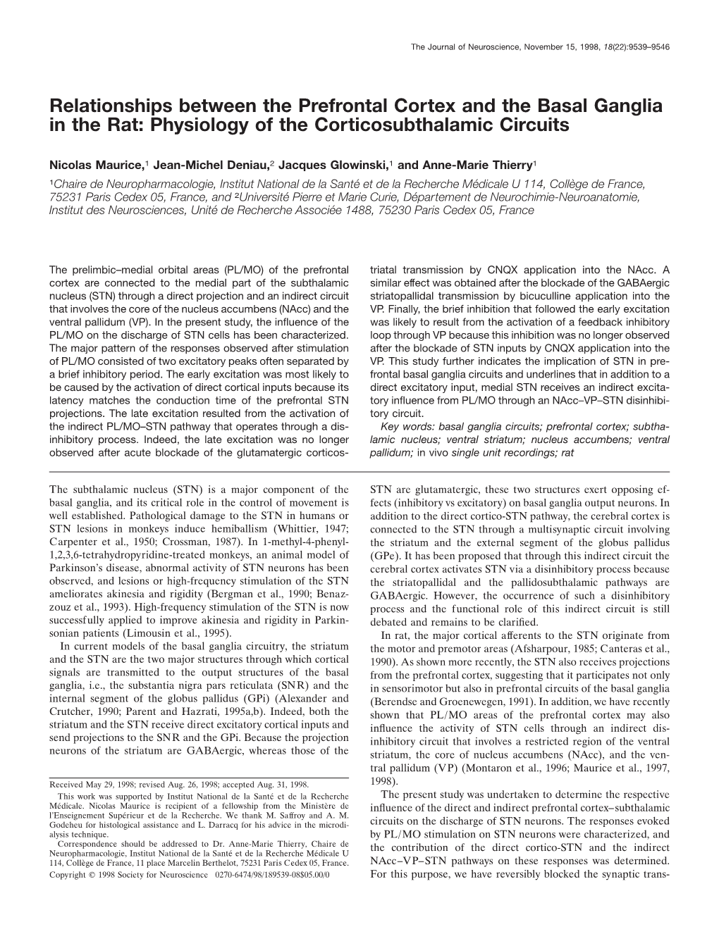 Relationships Between the Prefrontal Cortex and the Basal Ganglia in the Rat: Physiology of the Corticosubthalamic Circuits