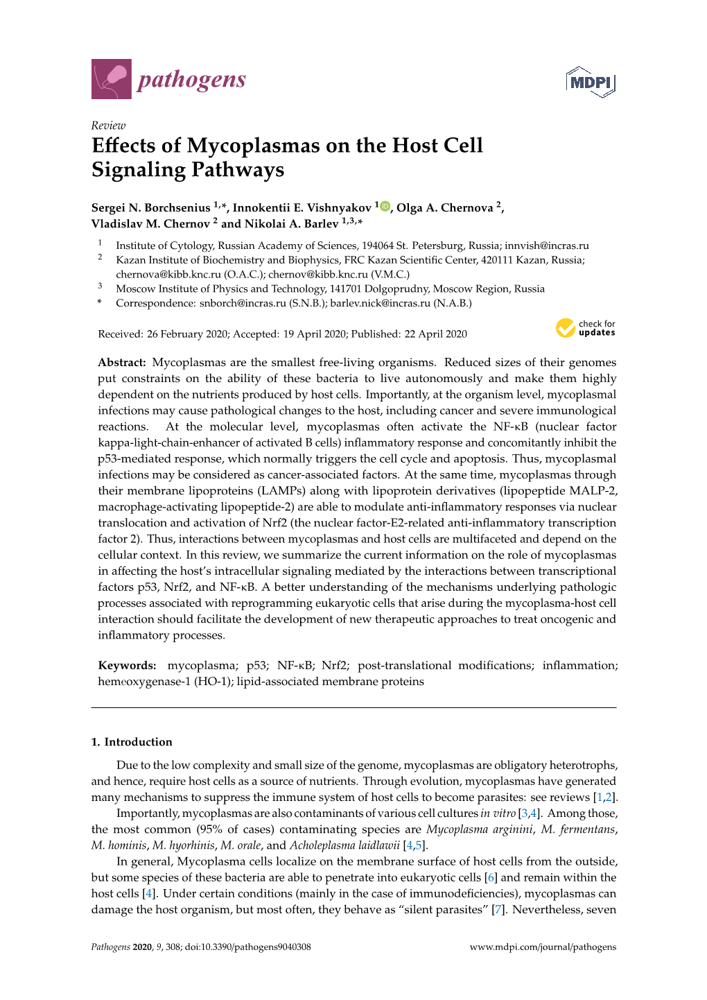 Effects of Mycoplasmas on the Host Cell Signaling Pathways