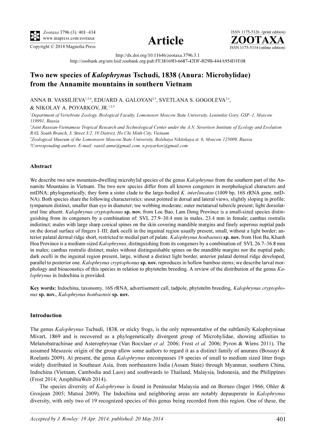 Two New Species of Kalophrynus Tschudi, 1838 (Anura: Microhylidae) from the Annamite Mountains in Southern Vietnam