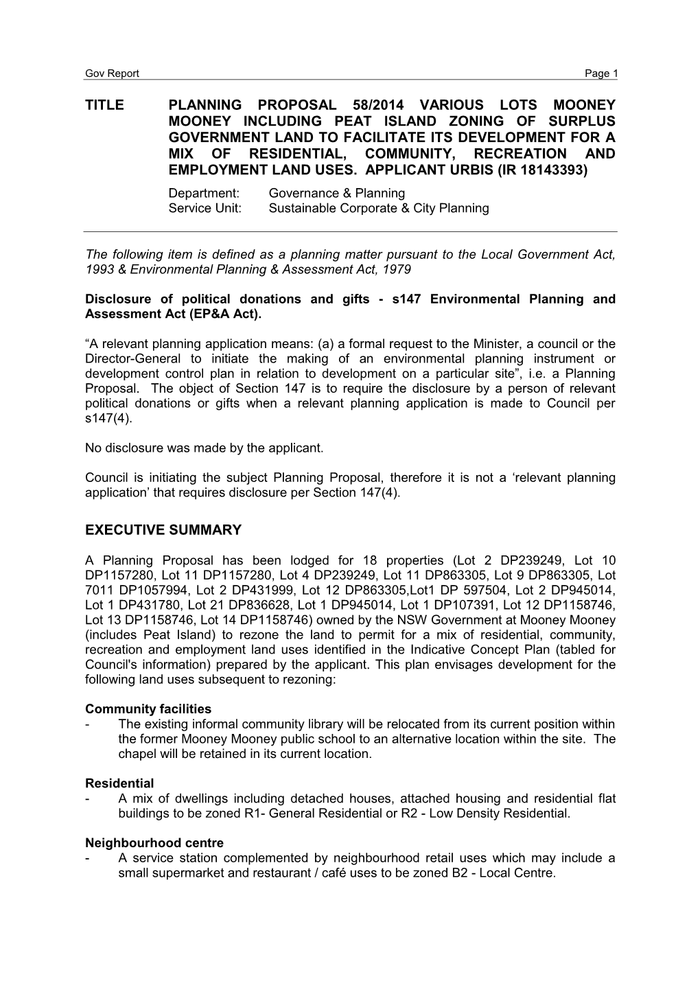 Title Planning Proposal 58/2014 Various Lots Mooney