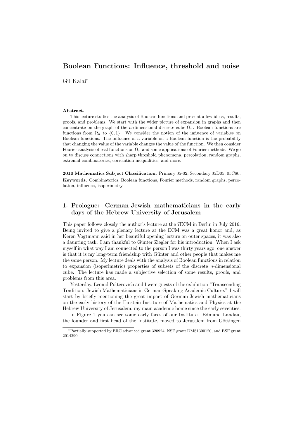 Boolean Functions: Inﬂuence, Threshold and Noise