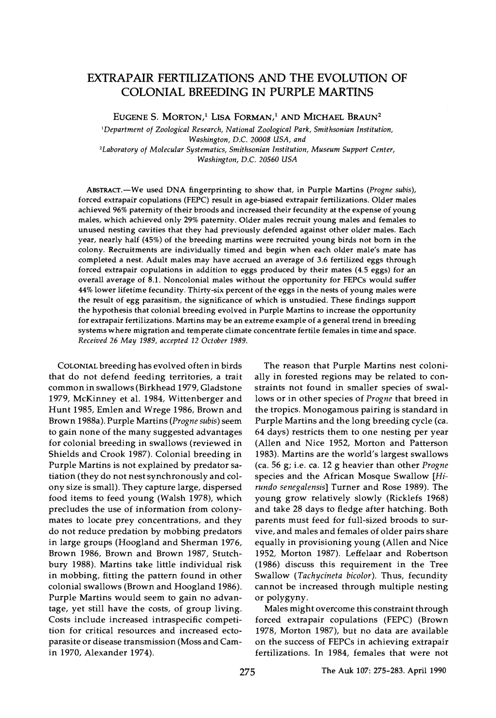 Extrapair Fertilizations and the Evolution of Colonial Breeding in Purple Martins