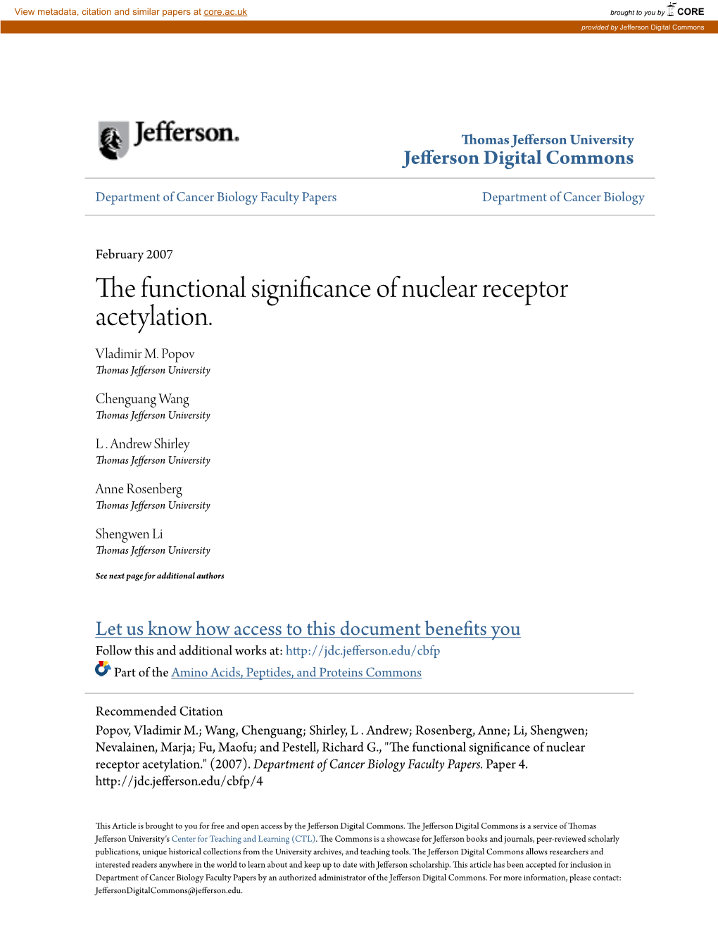 The Functional Significance of Nuclear Receptor Acetylation. Vladimir M