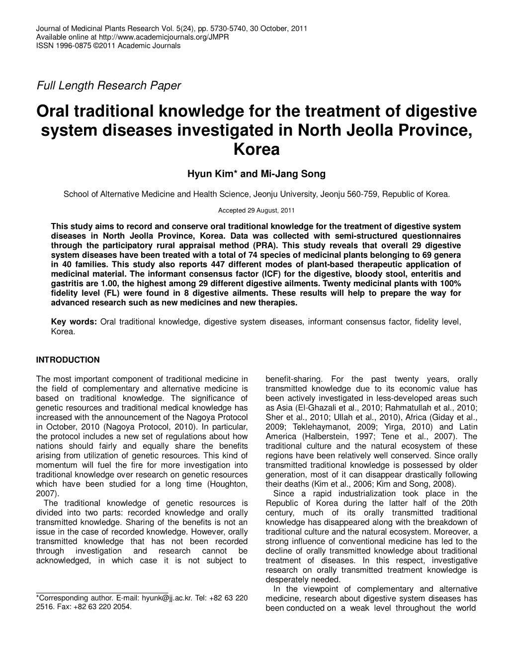 Oral Traditional Knowledge for the Treatment of Digestive System Diseases Investigated in North Jeolla Province, Korea