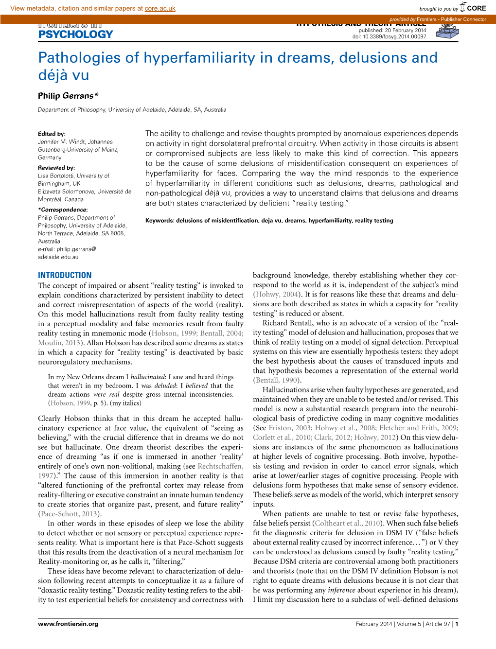 Pathologies of Hyperfamiliarity in Dreams, Delusions and Déjà Vu