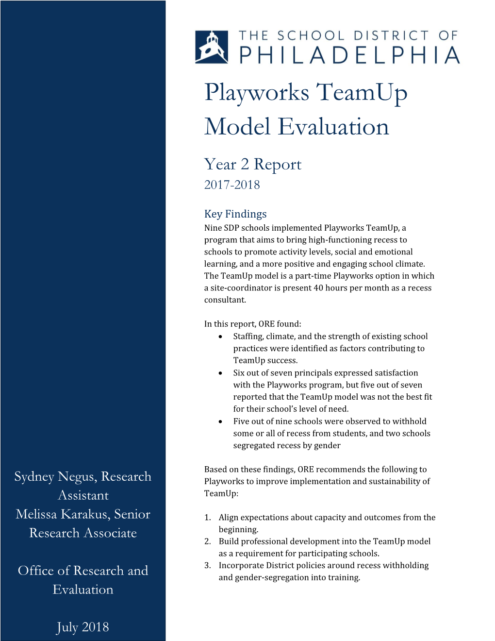 Playworks Teamup Model Evaluation Year 2 Report 2017-2018