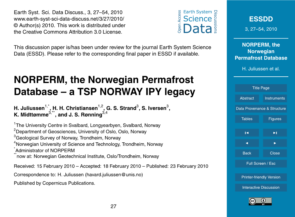 NORPERM, the Norwegian Permafrost Database – a TSP NORWAY IPY Legacy Title Page Abstract Instruments