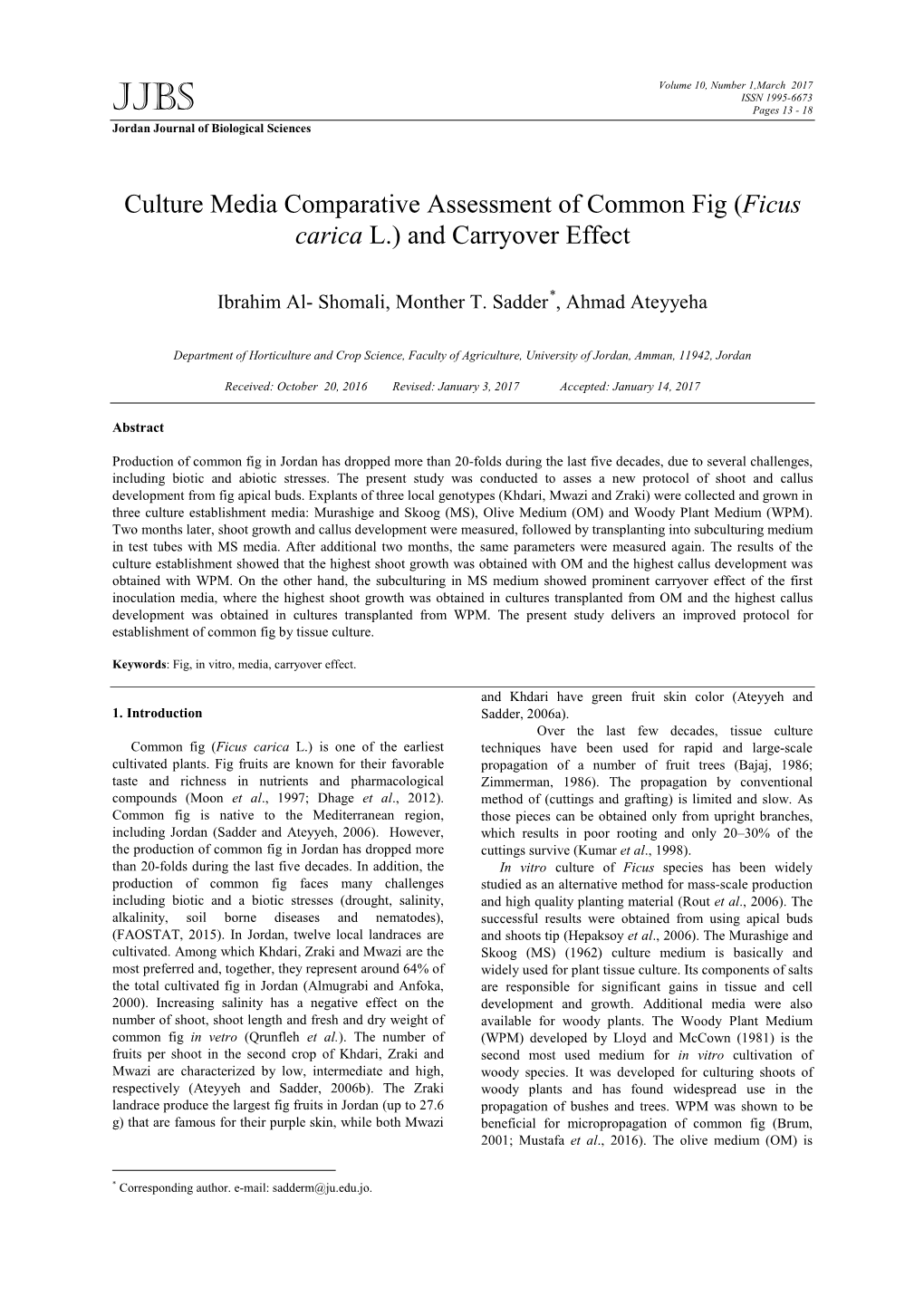 Culture Media Comparative Assessment of Common Fig (Ficus Carica L.) and Carryover Effect