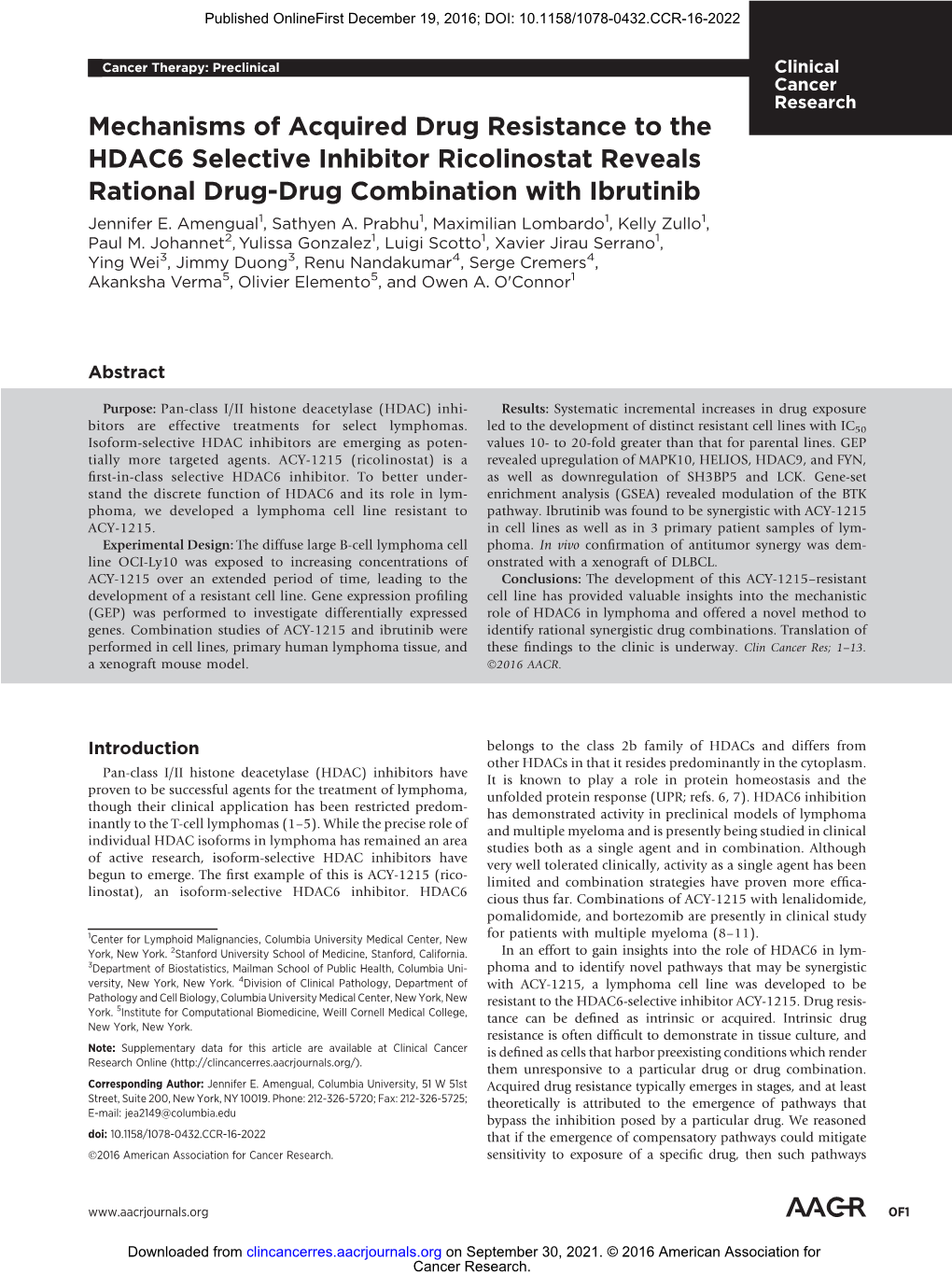 Mechanisms of Acquired Drug Resistance to the HDAC6 Selective Inhibitor Ricolinostat Reveals Rational Drug-Drug Combination with Ibrutinib Jennifer E