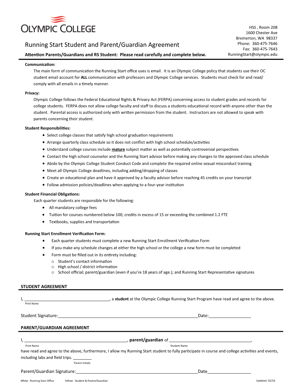 Running Start Student and Parent/Guardian Agreement