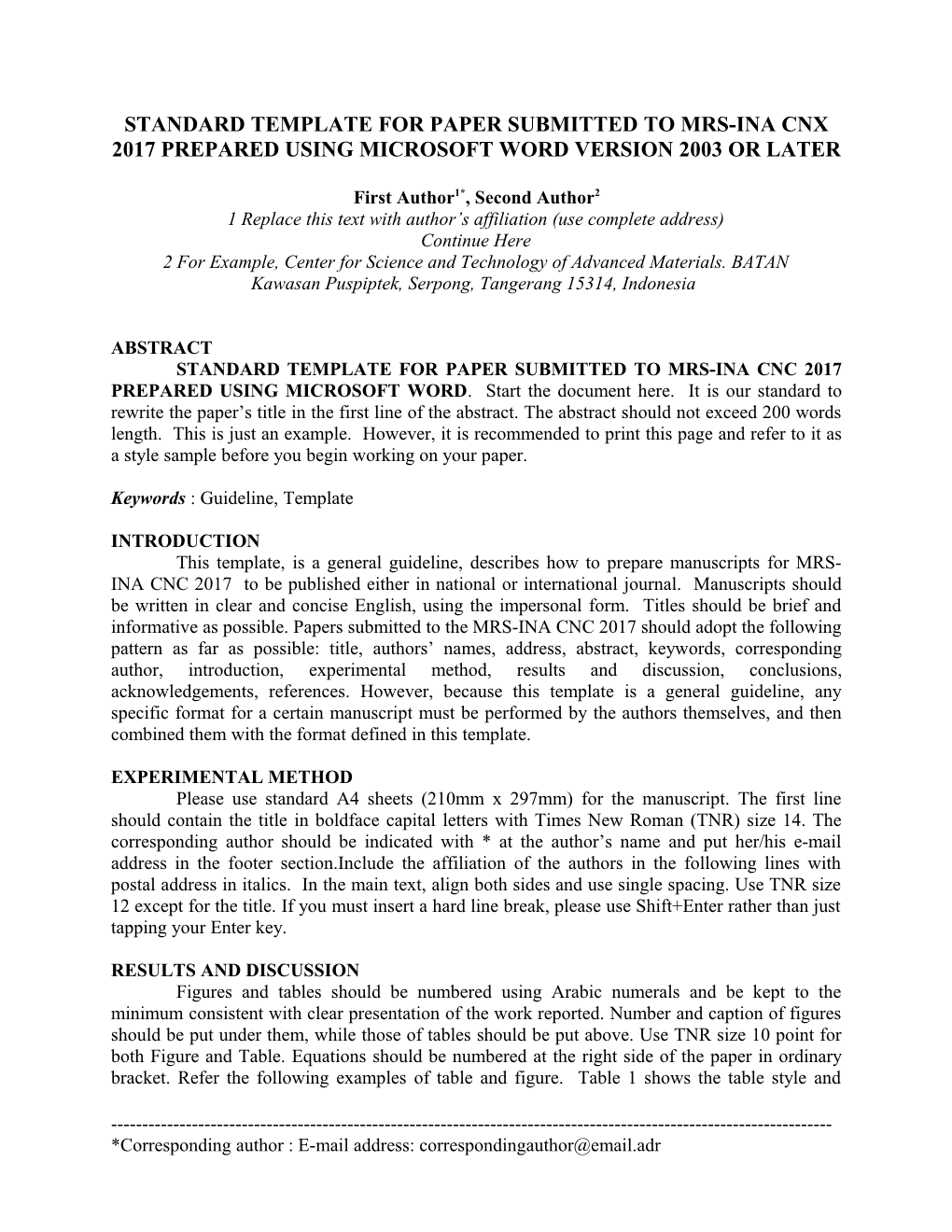 Standard Template for Paper Submitted to Icmst 2010 Prepared Using Microsoft Word