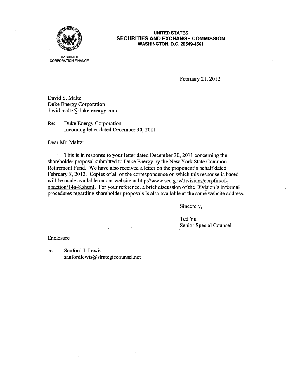 Duke Energy Corporation; Rule 14A-8 No-Action Letter