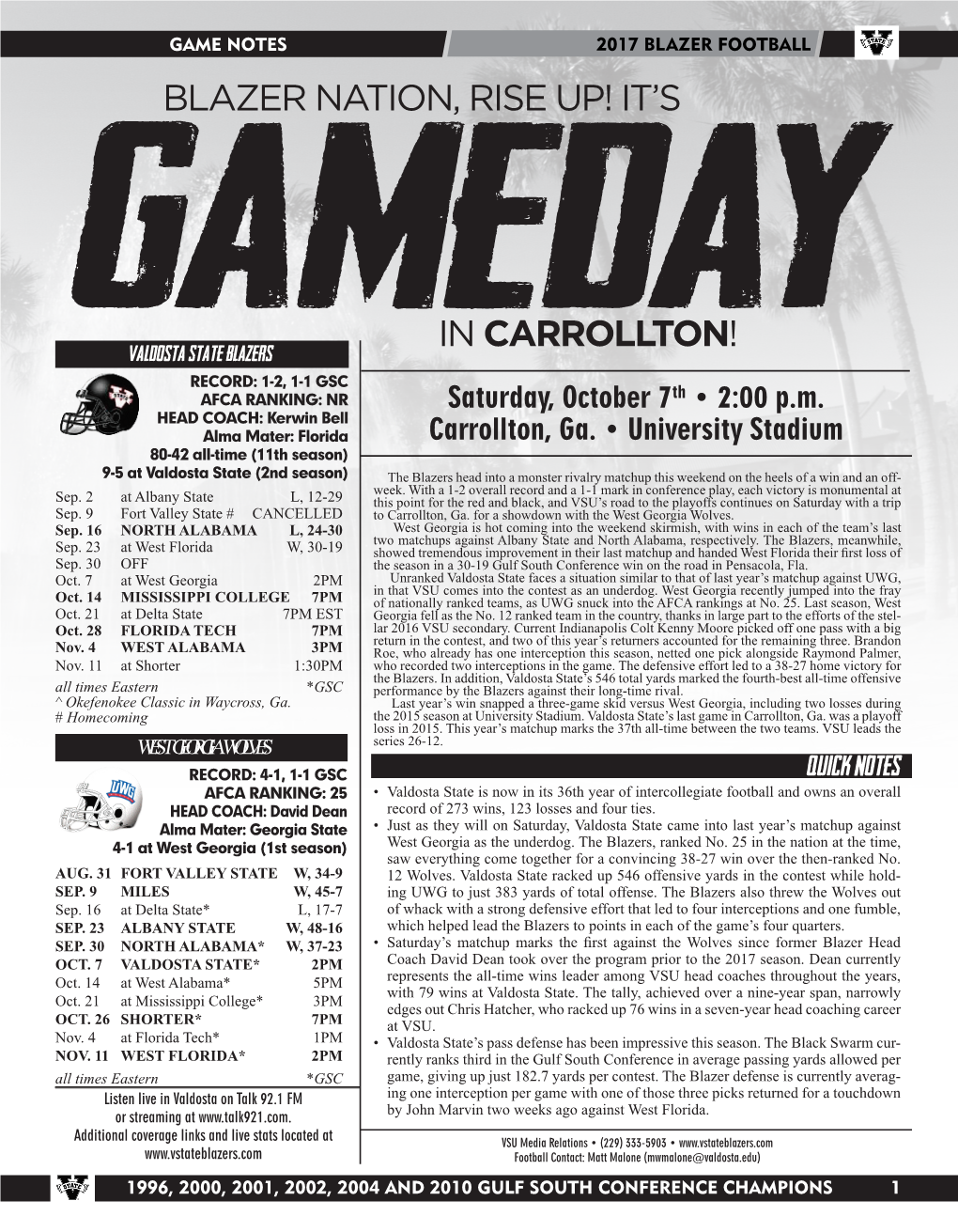 Valdosta State Game Notes