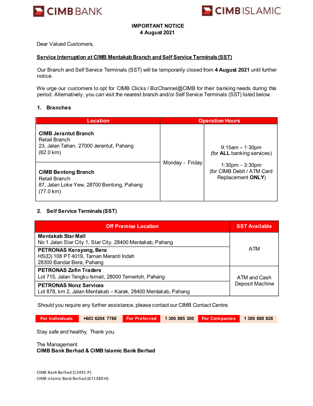 Service Interruption at CIMB Mentakab Branch and Self Service Terminals (SST)