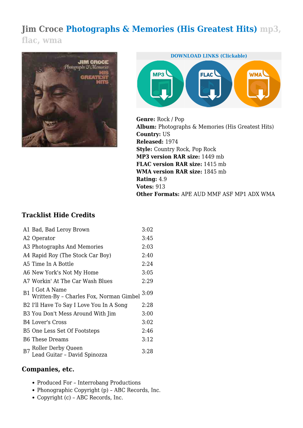 Jim Croce Photographs & Memories (His Greatest Hits)