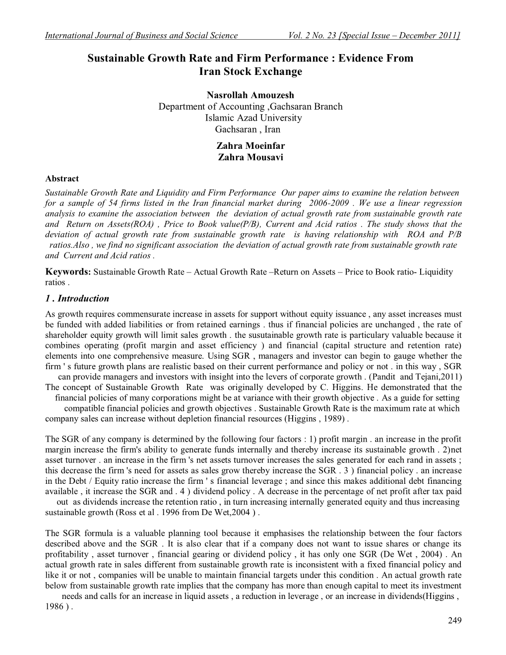 Sustainable Growth Rate and Firm Performance : Evidence from Iran Stock Exchange