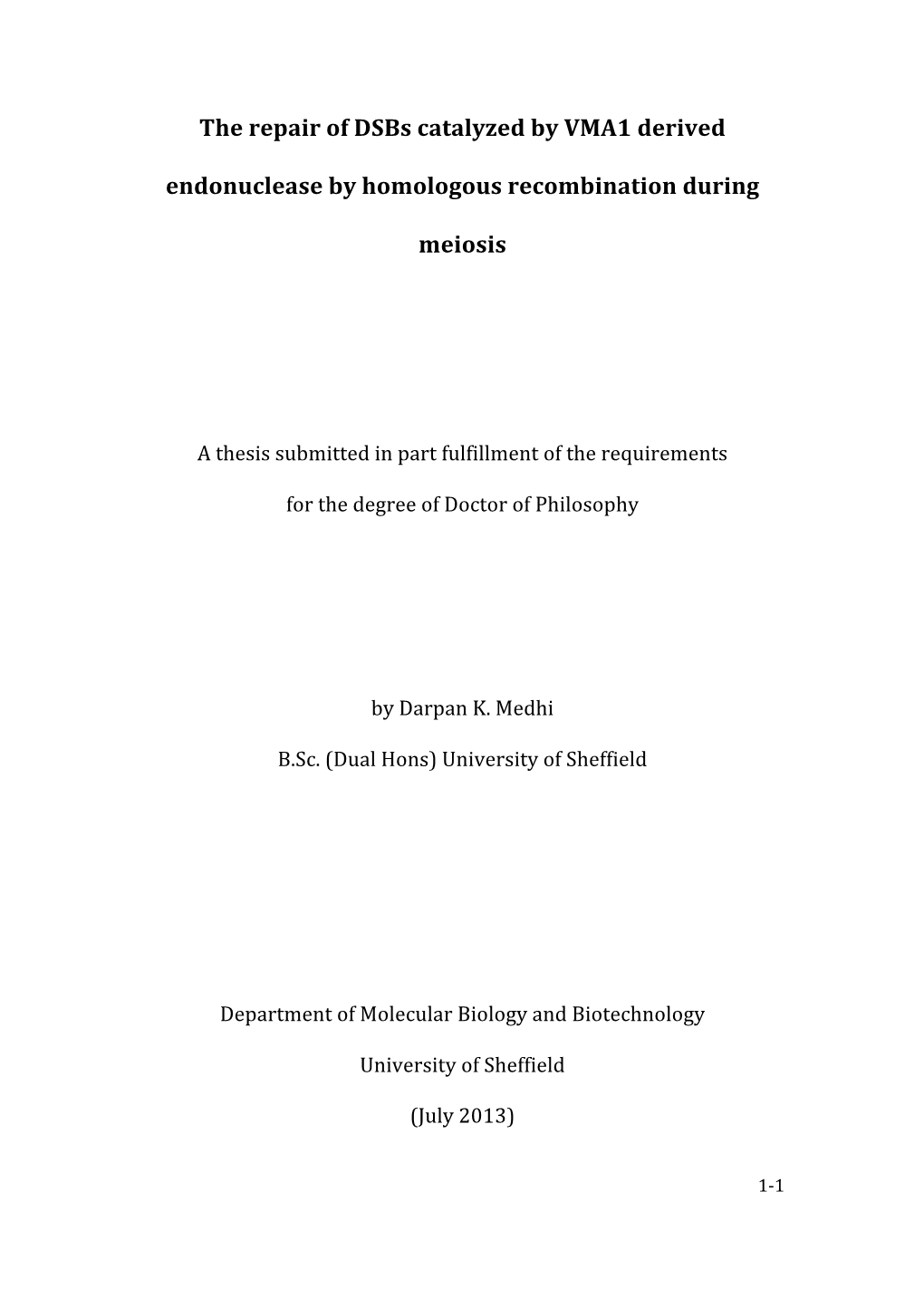 The Repair of Dsbs Catalyzed by VMA1 Derived Endonuclease By