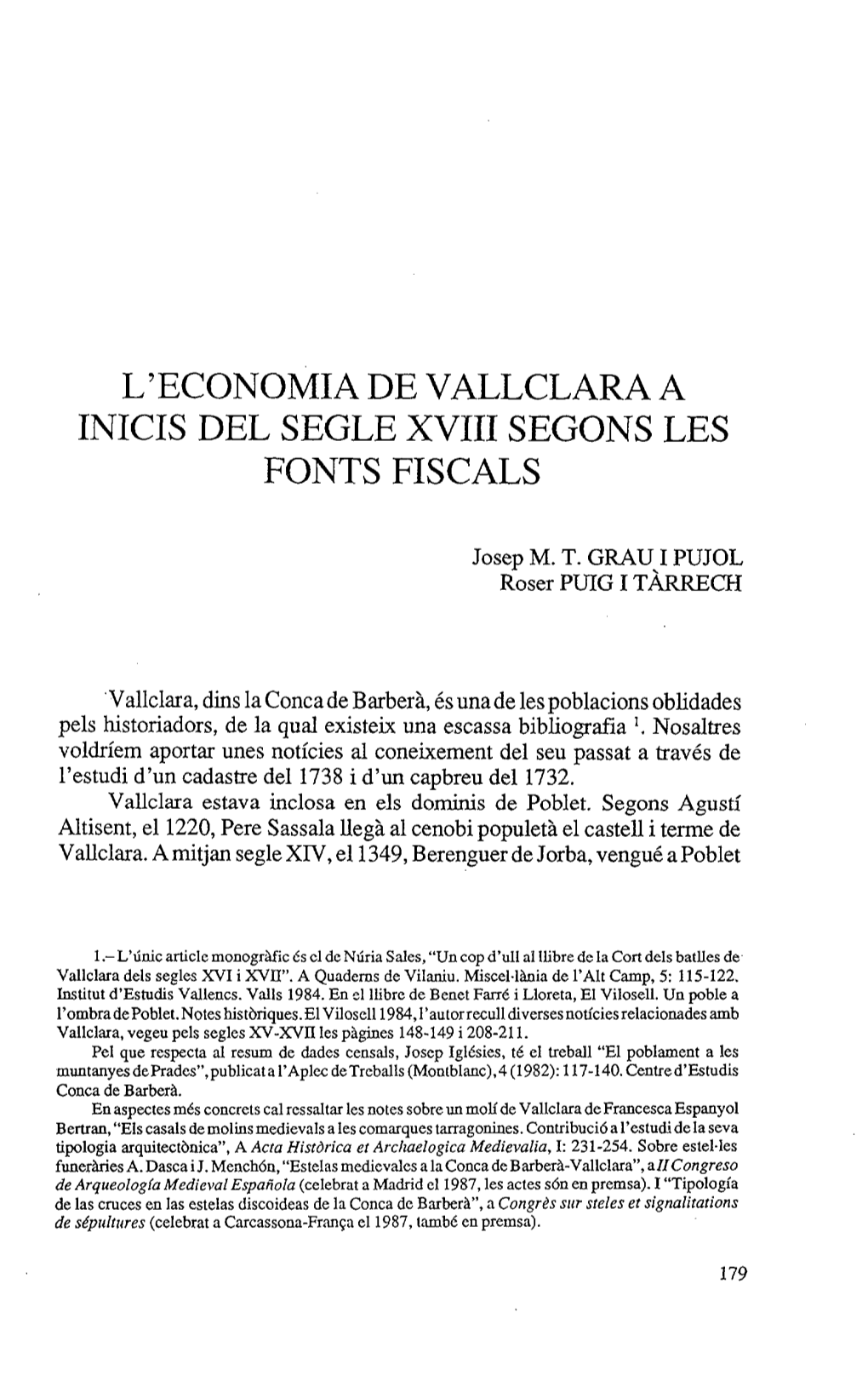 L'economia De Vallclara a Inicis Del Segle Xviii Segons Les Fonts Fiscals