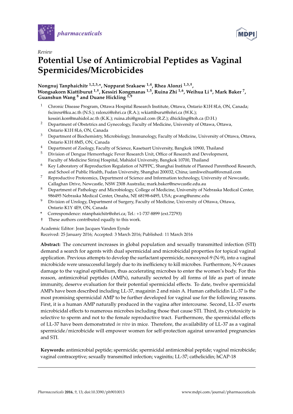 Potential Use of Antimicrobial Peptides As Vaginal Spermicides/Microbicides