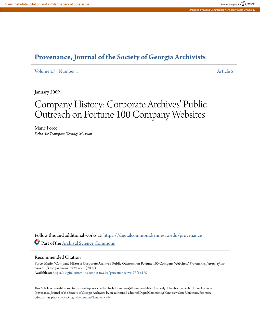 Corporate Archives' Public Outreach on Fortune 100 Company Websites Marie Force Delta Air Transport Heritage Museum
