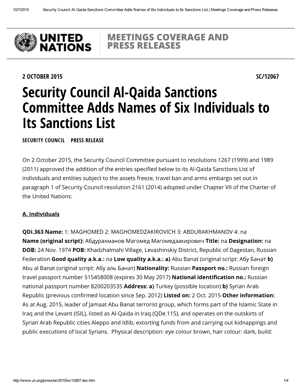 Security Council Al-Qaida Sanctions Committee Adds Names of Six Individuals to Its Sanctions List