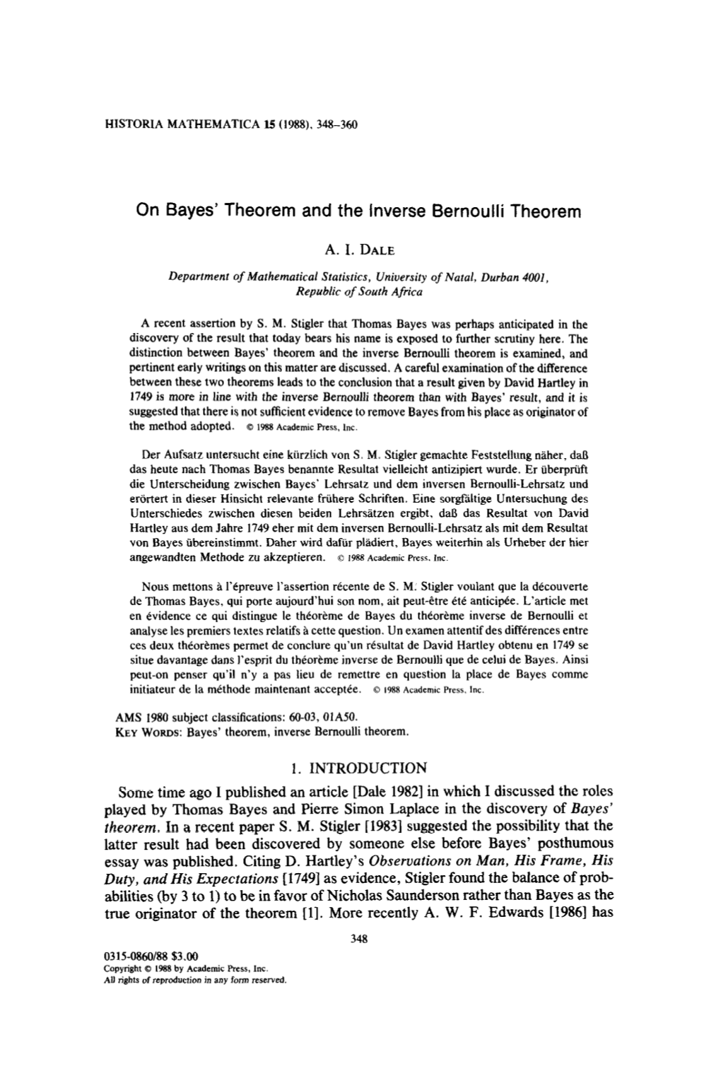 On Bayes' Theorem and the Inverse Bernoulli Theorem