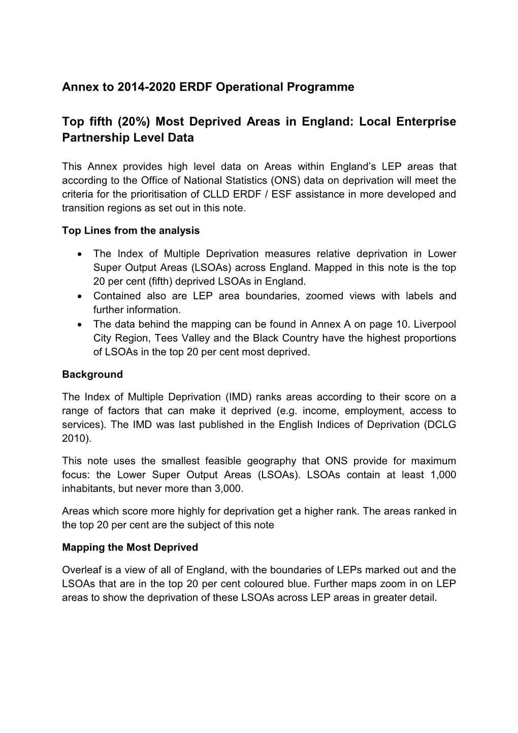 Top Fifth (20%) Most Deprived Areas in England: Local Enterprise Partnership Level Data