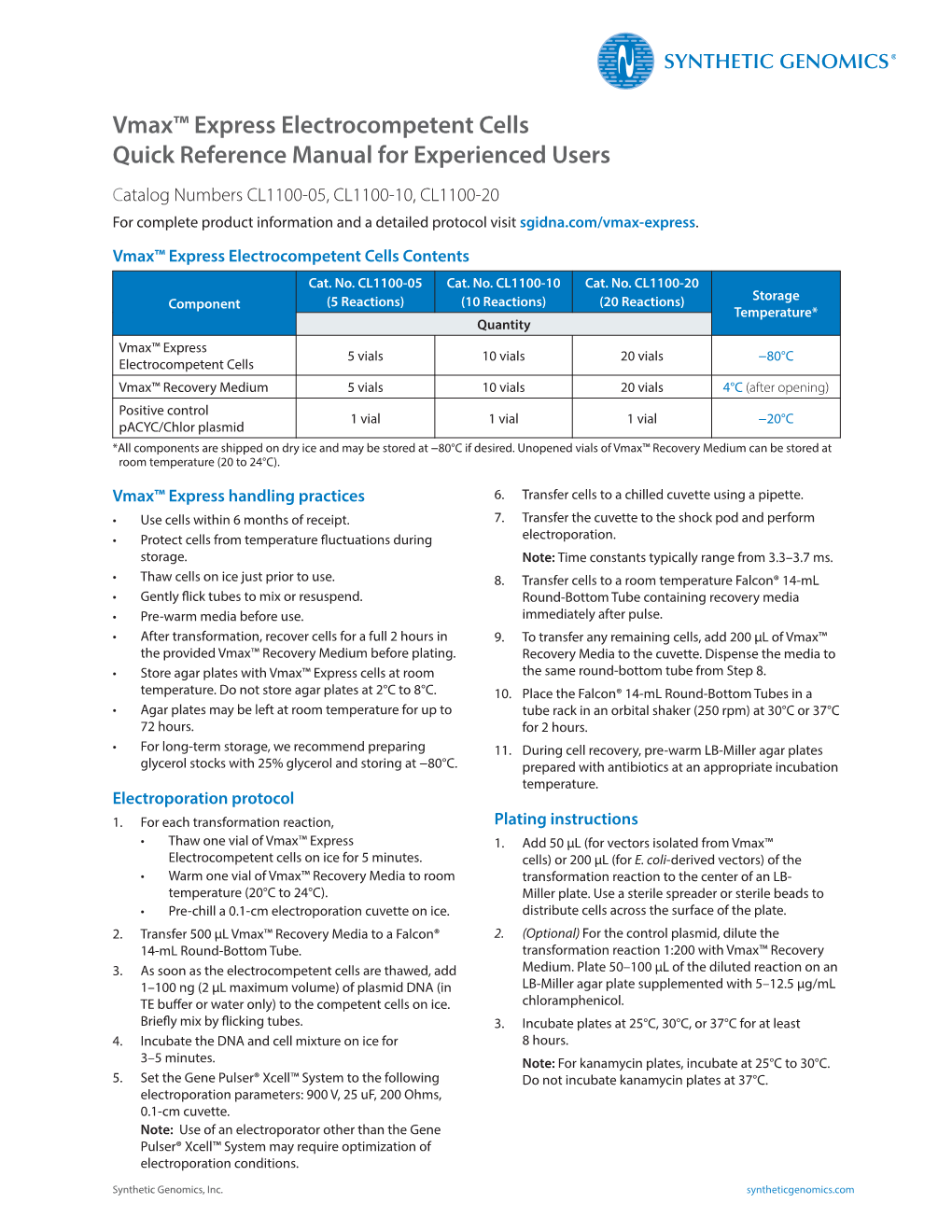 Vmax™ Express Electrocompetent Cells QRM for Experienced Users