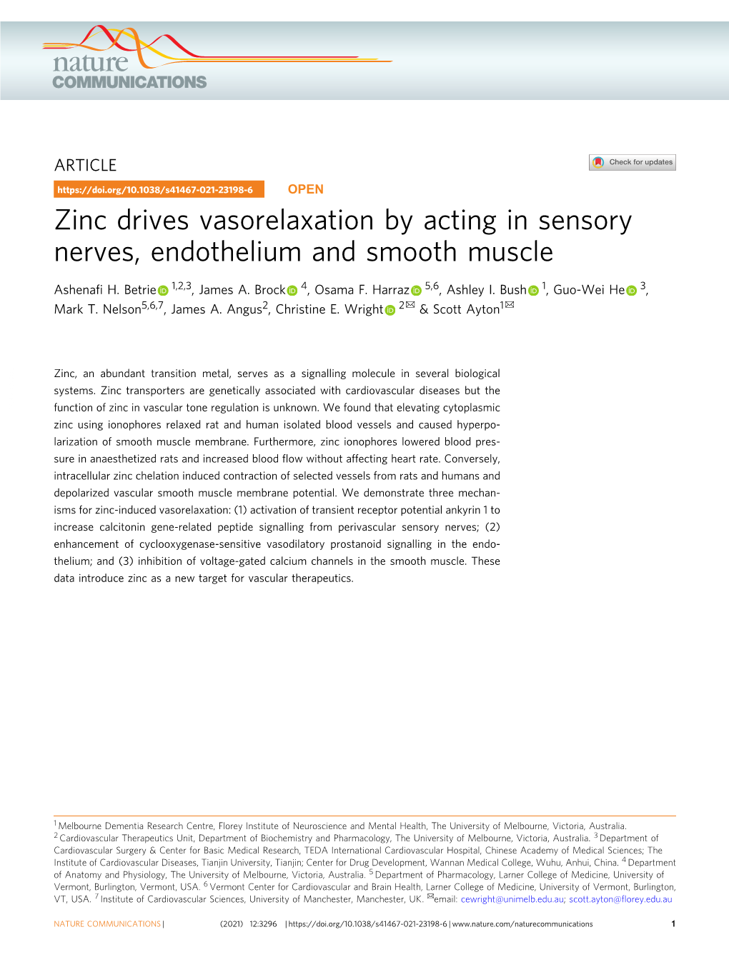 Zinc Drives Vasorelaxation by Acting in Sensory Nerves, Endothelium and Smooth Muscle