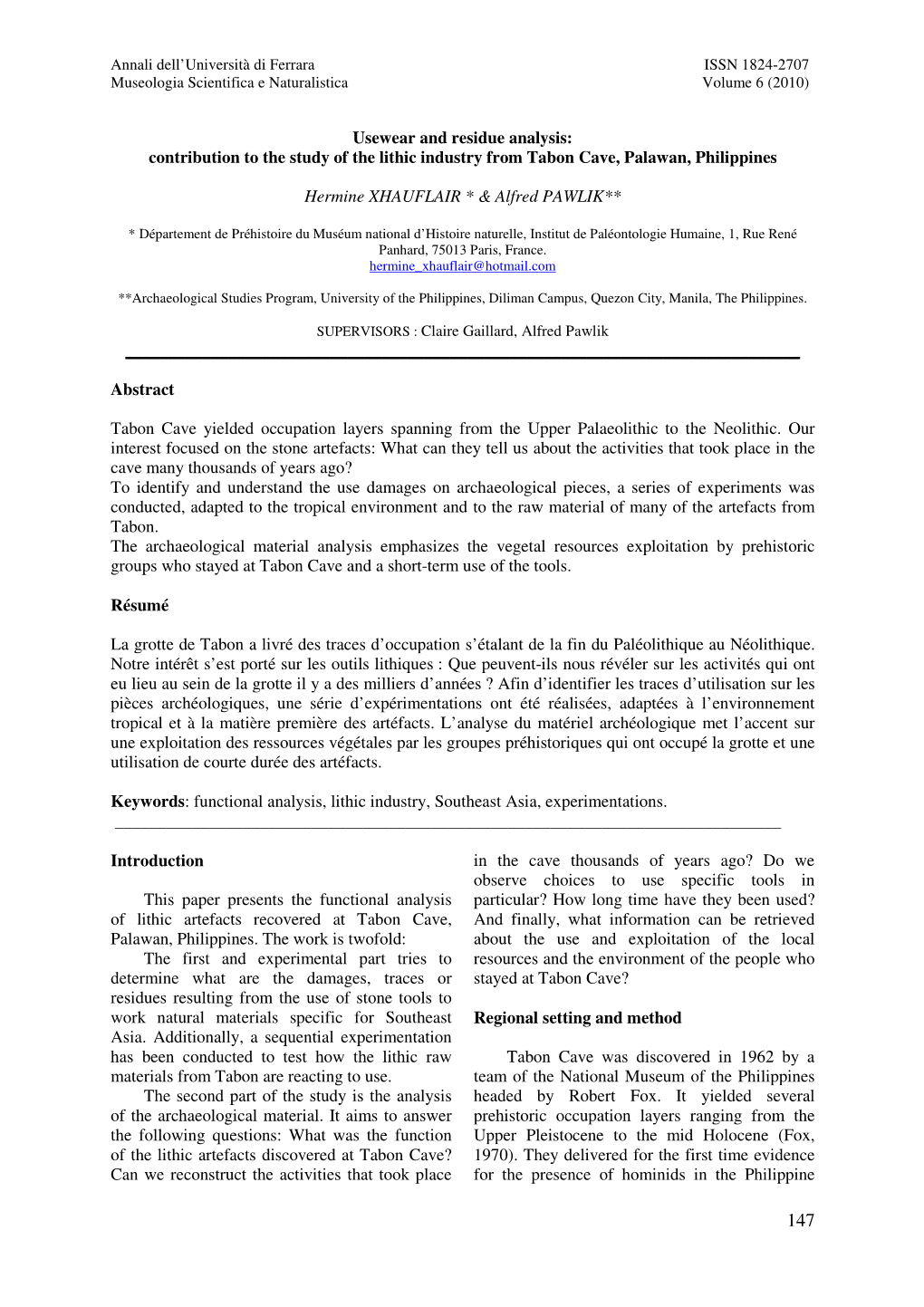 Contribution to the Study of the Lithic Industry from Tabon Cave, Palawan, Philippines Hermine XH