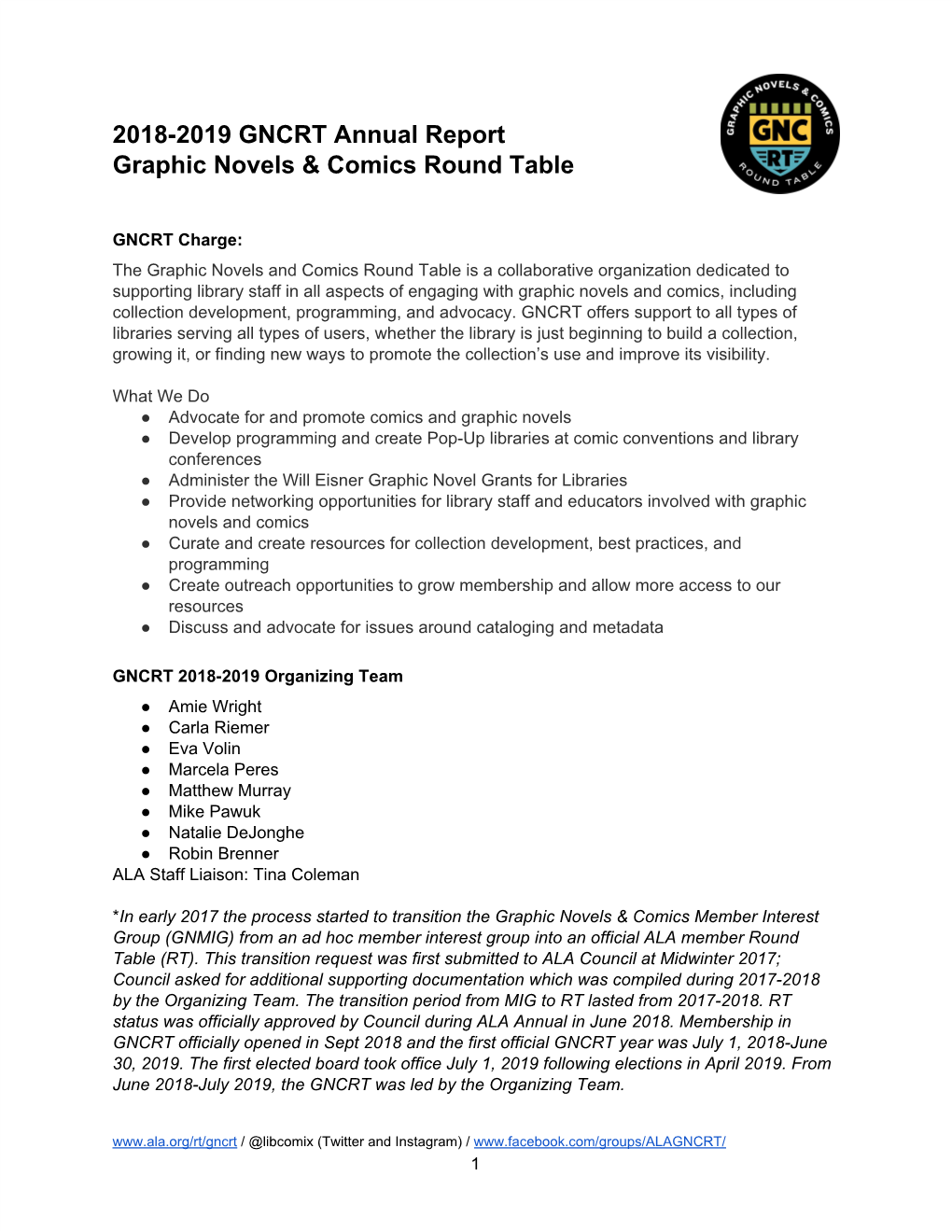 2018-2019 GNCRT Annual Report Graphic Novels & Comics Round Table