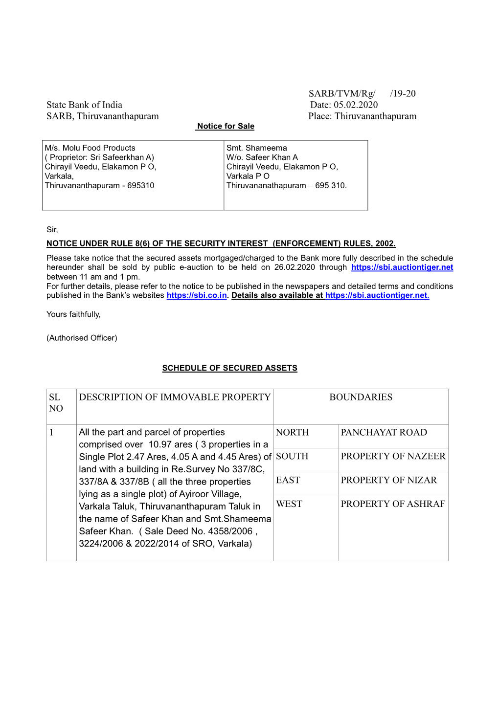 19-20 State Bank of India Date: 05.02.2020 SARB, Thiruvananthapuram Place: Thiruvananthapuram Notice for Sale