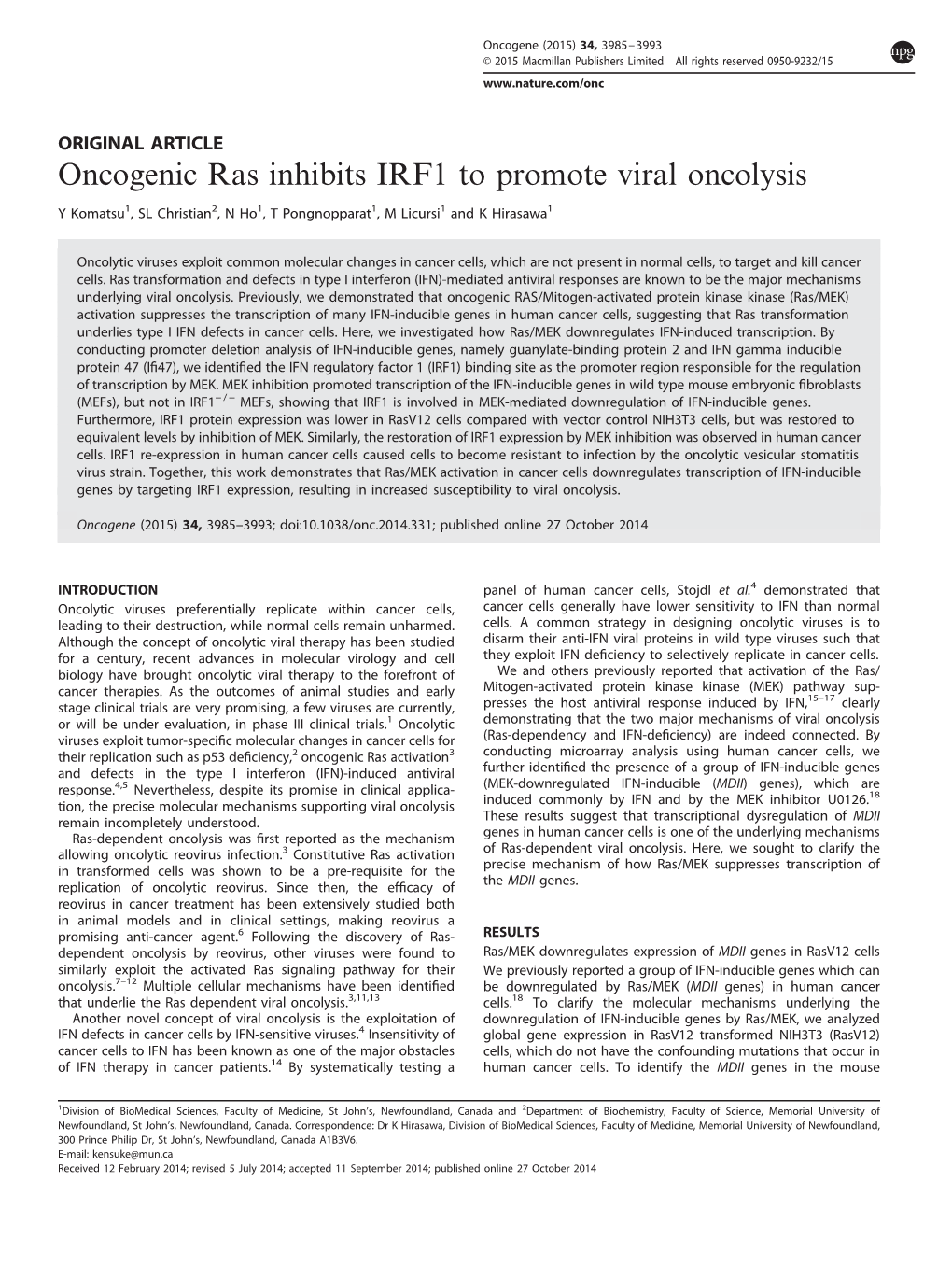 Oncogenic Ras Inhibits IRF1 to Promote Viral Oncolysis