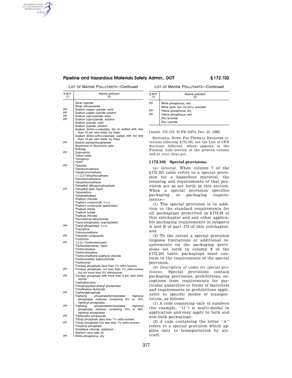 Pipeline and Hazardous Materials Safety Admin., DOT § 172.102