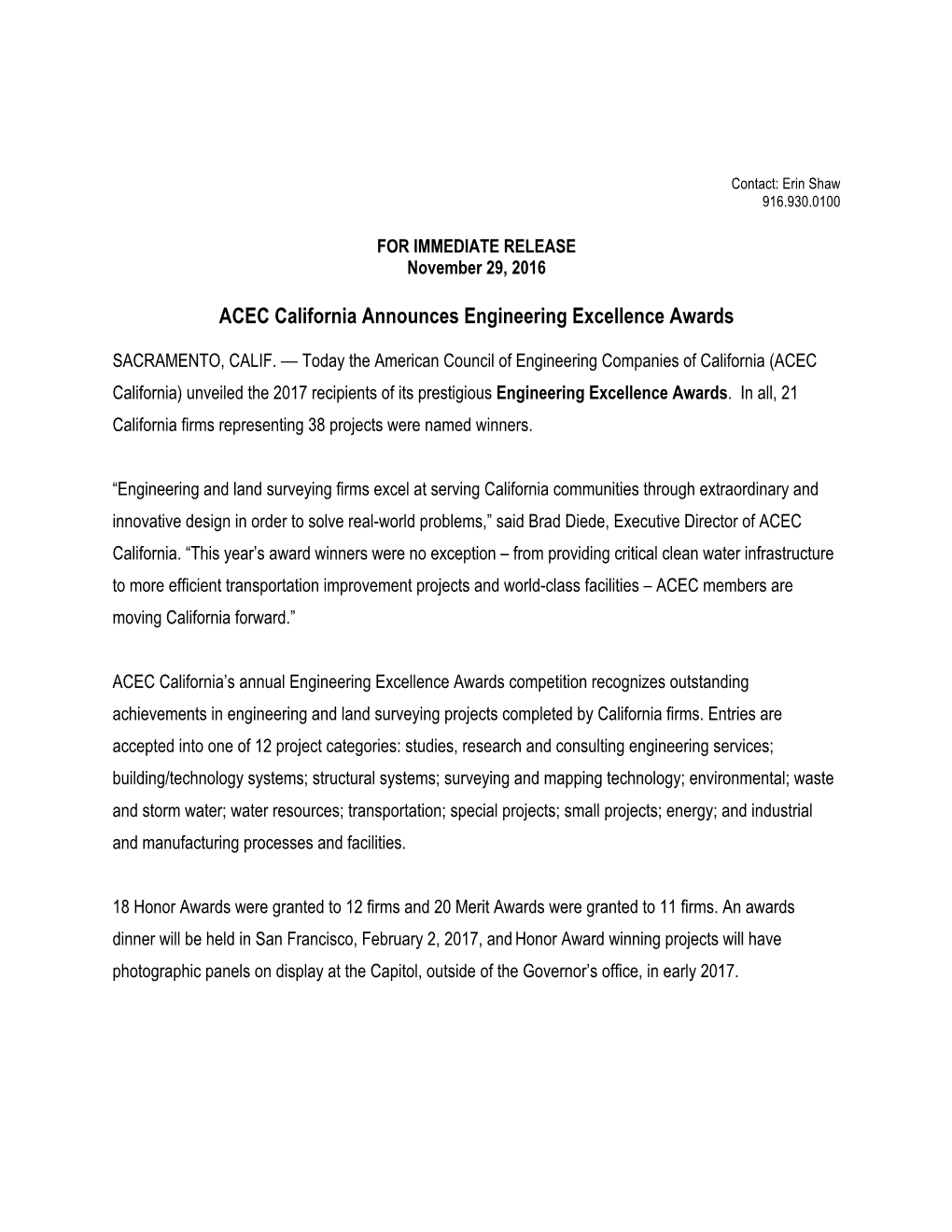 ACEC California Announces Engineering Excellence Awards