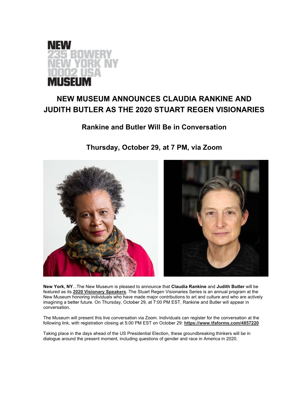 New Museum Announces Claudia Rankine and Judith Butler As the 2020 Stuart Regen Visionaries