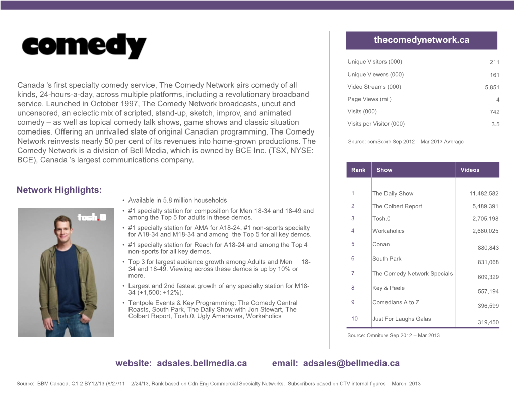 Network Highlights: Thecomedynetwork.Ca Website: Adsales