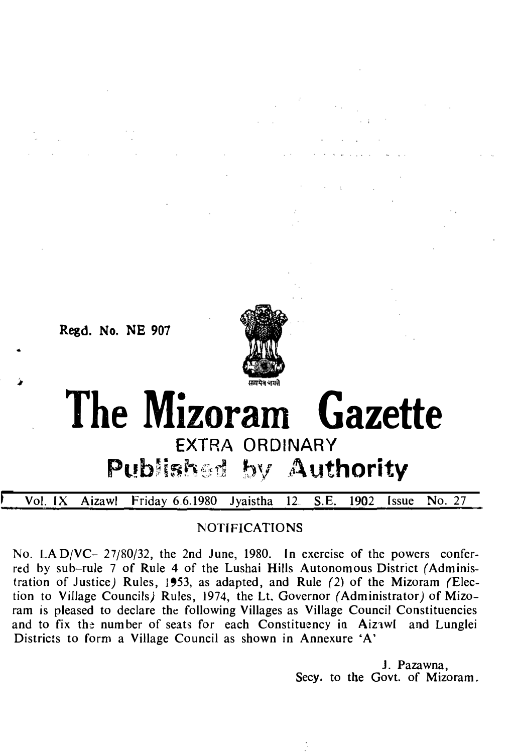 The Mizoram Gazette EXTRA ORDINARY