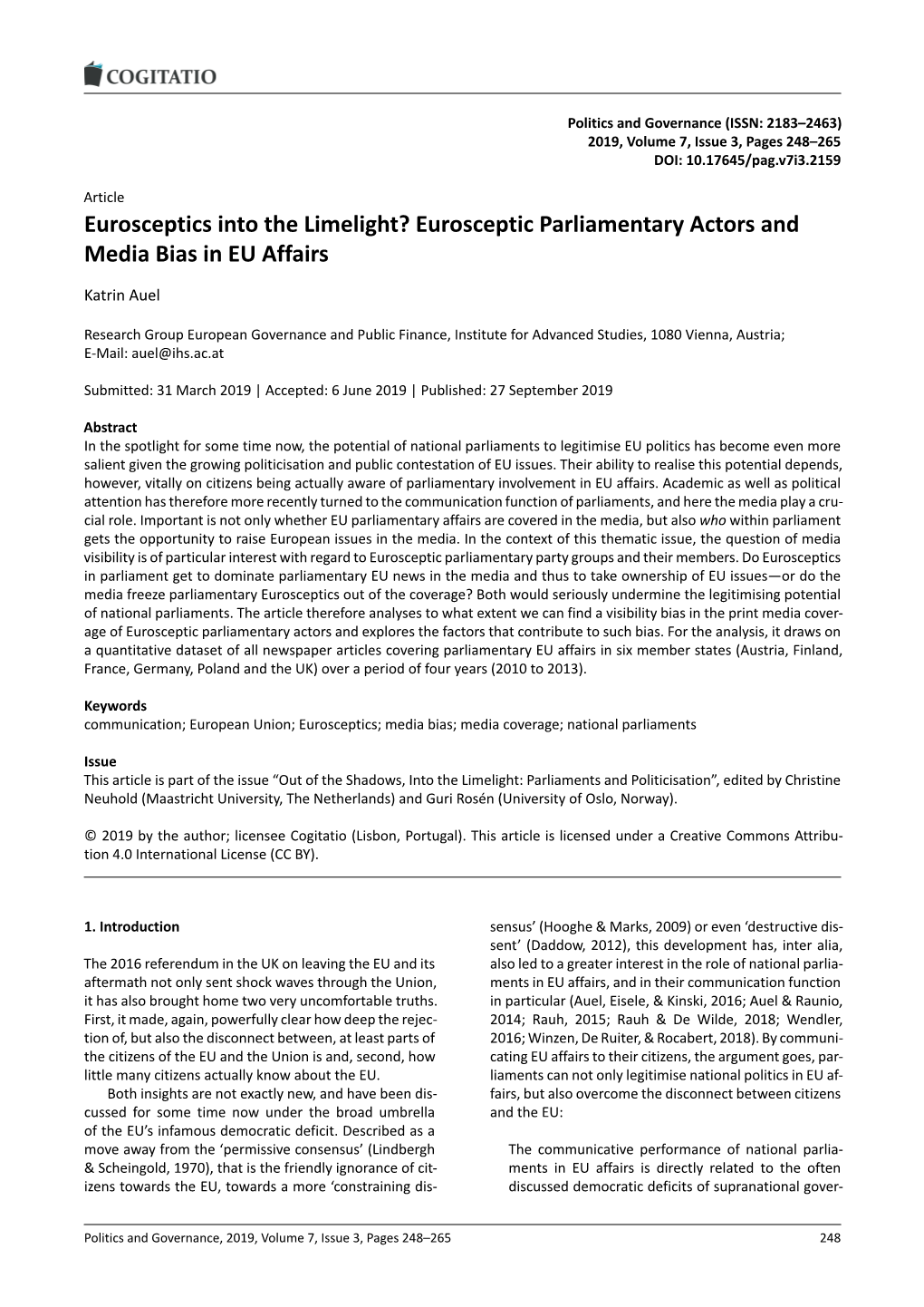 Eurosceptic Parliamentary Actors and Media Bias in EU Affairs